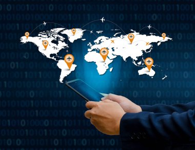 Akıllı telefonlar ve küre bağlantıları nadir iletişim dünya Internet iş adamları Internet iletişim kurmak için telefon tuşuna basın. İletişim, Lojistik, dünya haritaları ve uçak