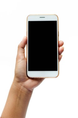 Kadar mermiyi tutuyor ve ekran dokunaklı bir adam alay. Kırpma yolu beyaz zemin dokunmatik ekran cep telefonu, el
