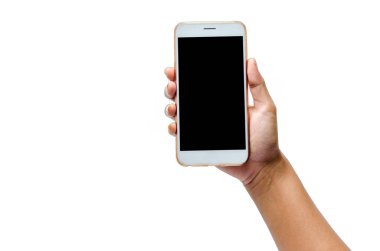 Kadar mermiyi tutuyor ve ekran dokunaklı bir adam alay. Kırpma yolu beyaz zemin dokunmatik ekran cep telefonu, el