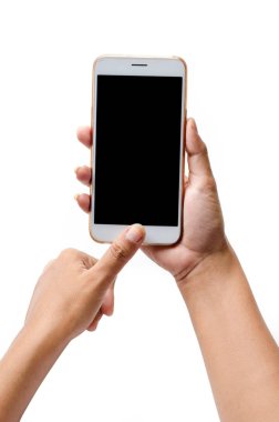 Kadar mermiyi tutuyor ve ekran dokunaklı bir adam alay. Kırpma yolu beyaz zemin dokunmatik ekran cep telefonu, el