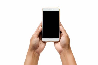 Kadar mermiyi tutuyor ve ekran dokunaklı bir adam alay. Kırpma yolu beyaz zemin dokunmatik ekran cep telefonu, el