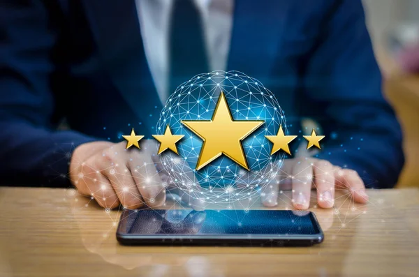 Businessmen Pointing Five Star Stars Boost Corporate Ratings Phone Holder — Stock Photo, Image