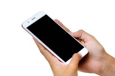 Kadar mermiyi tutuyor ve ekran dokunaklı bir adam alay. Kırpma yolu beyaz zemin dokunmatik ekran cep telefonu, el
