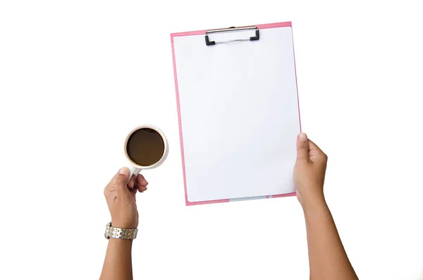 Close Women Arm Note Paper Notebook Coffee Cup Hand Isolated — Stock Photo, Image