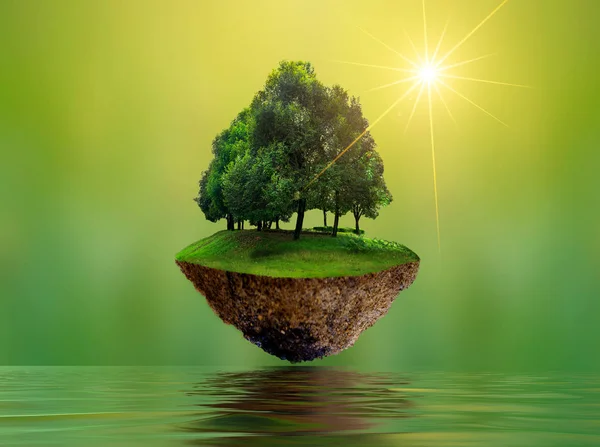 Úszó Szigetek Fák Folyó Égen Környezetvédelmi Nap Világ Természetvédelmi Világnap — Stock Fotó
