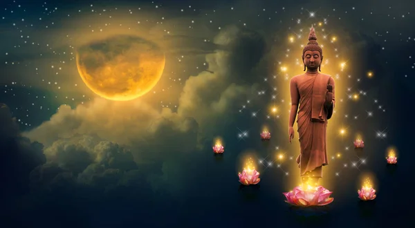Budda Stojąc Lotos Niebie Nocy Wielki Księżyc Jest Tle — Zdjęcie stockowe