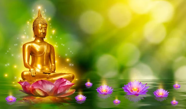 Buda Heykeli Lotusu Buda Nilüfer Çiçeğinin Üzerinde Duruyor Turuncu Arka — Stok fotoğraf