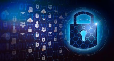 Tuş kilidi güvenlik sistemi soyut teknoloji dünya dijital bağlantı siber güvenlik üzerinde Merhaba tech koyu mavi arka plan
