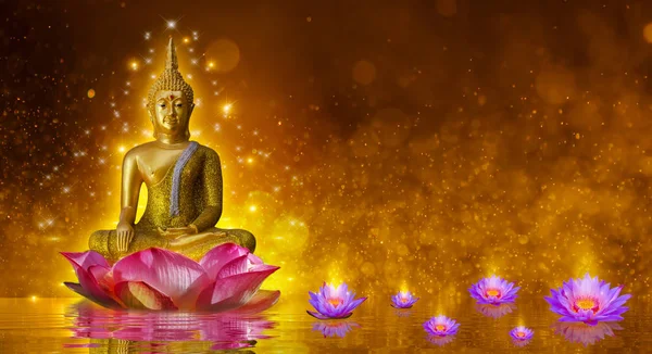 Buddha Staty Vatten Lotus Buddha Står Lotus Blomma Orange Bakgrund — Stockfoto