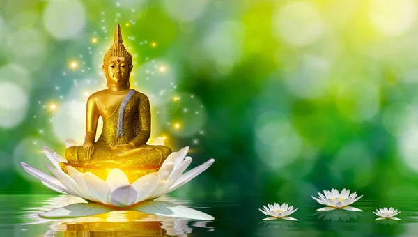 Buddha Statue Wasserlotus Buddha Steht Auf Lotusblume Auf Orangefarbenem Hintergrund — Stockfoto