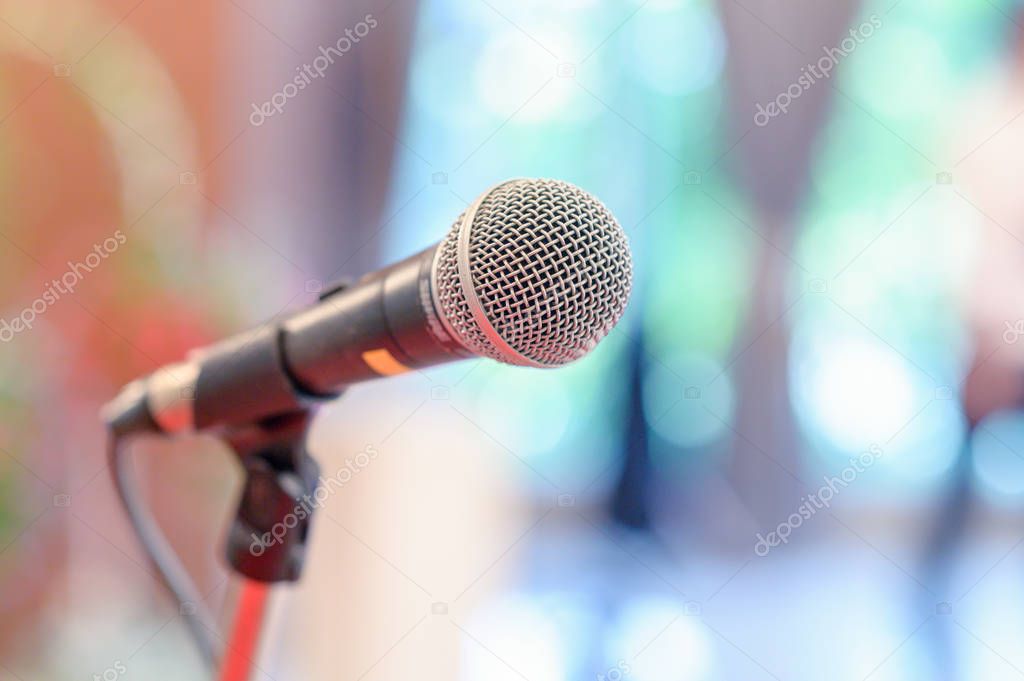 communication microphone on stage against a background of auditorium Concert stage