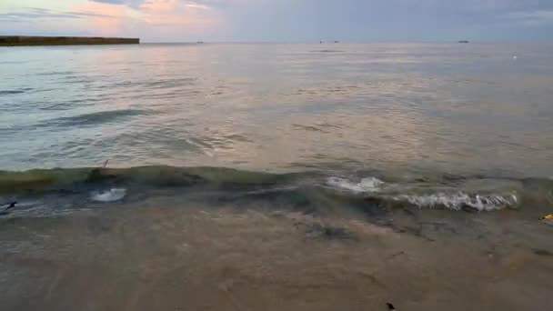 Пластиковые отходы на пляже, море, концепция охраны природы и окружающей среды — стоковое видео