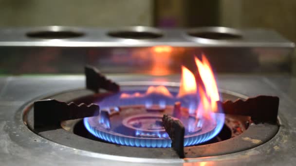 Quemador de quemaduras. El gas se está encendiendo, apearing azul llama estufa de gas video 4K — Vídeo de stock