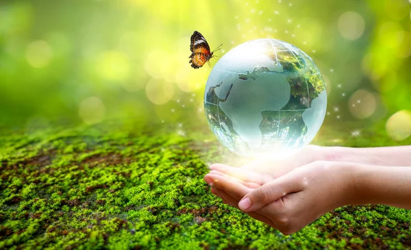 Hombre Con Globo Vidrio Concepto Día Tierra Salvar Mundo Salvar —  Fotos de Stock