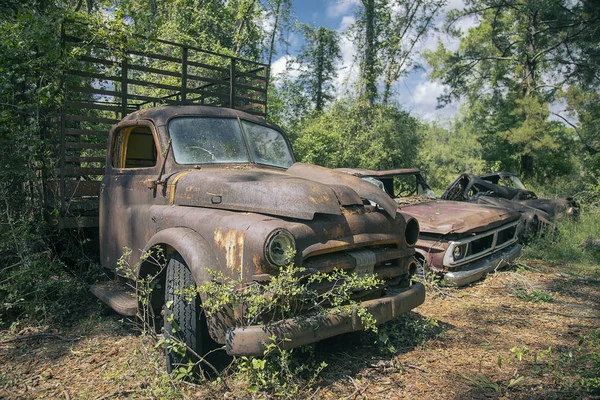 Roadside zardzewiały stare ciężarówki i samochody na Florydzie — Zdjęcie stockowe