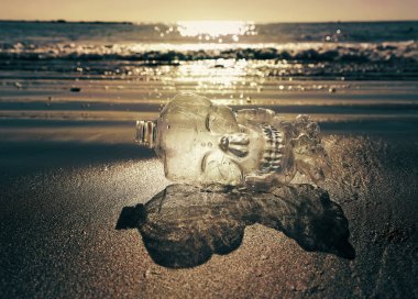 Sahilde plastik şişe. Plastik deniz yaratıklarımızı öldürüyor.. 
