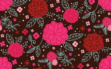 Trendy sorunsuz tekrar çiçek desenli. Vektör arka plan eğlenceli ile modern pembe çiçekler ve Bordo bir arka plan üzerinde bırakır. Kumaş, scrapbooking, duvar kağıtları ve el sanatları için mükemmel