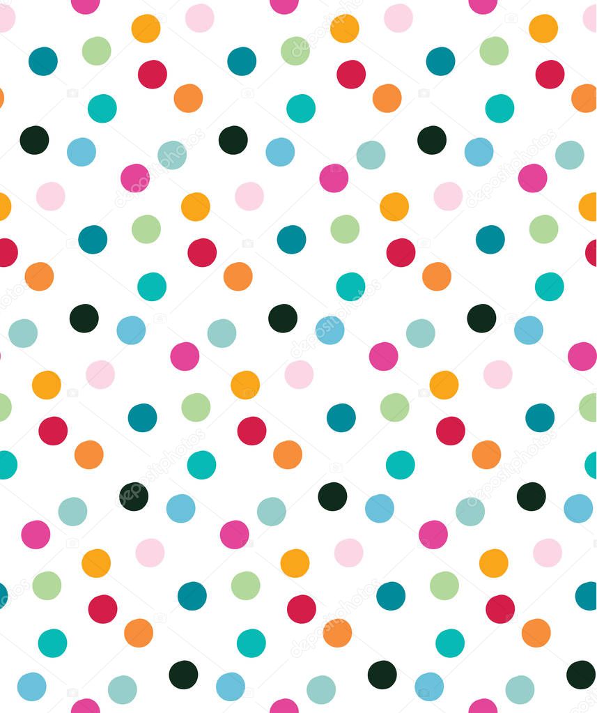 Vector colorful dots seamless modern pattern background. Tossed repeat in green, pink, red, aquamarine, blue, black colors on a white background. Ideal for quilts, scrapbooks, fabrics and crafts