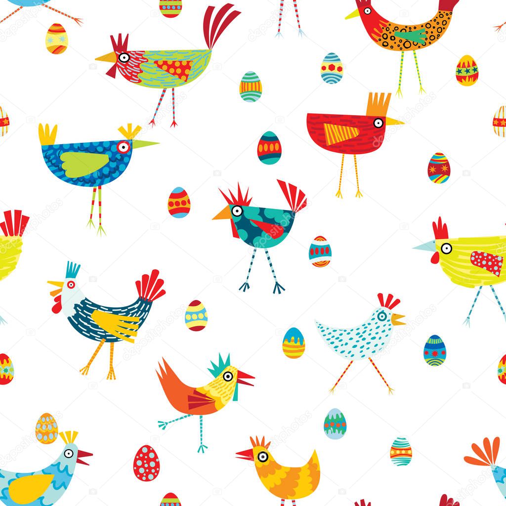 Funky vector repeat patern of colorful chickens