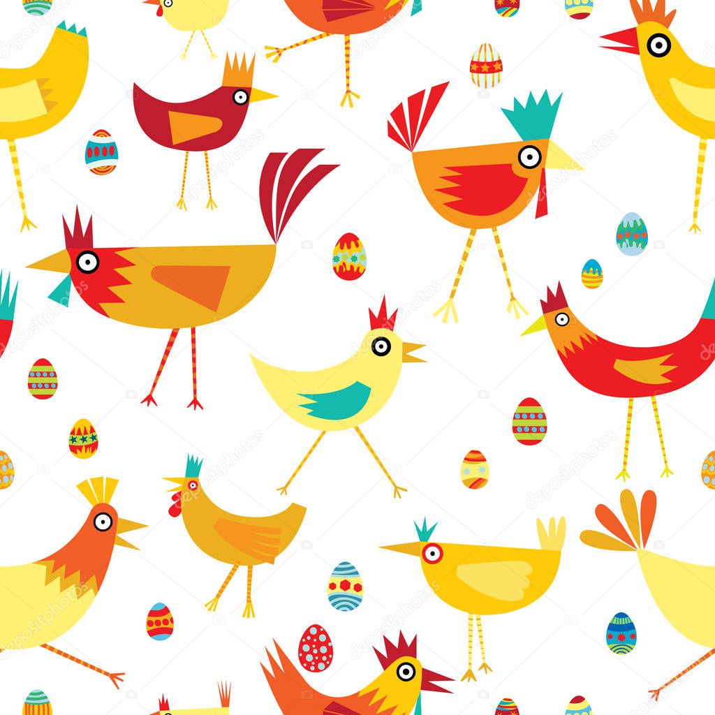 Seamless pattern of colorful chickens with eggs