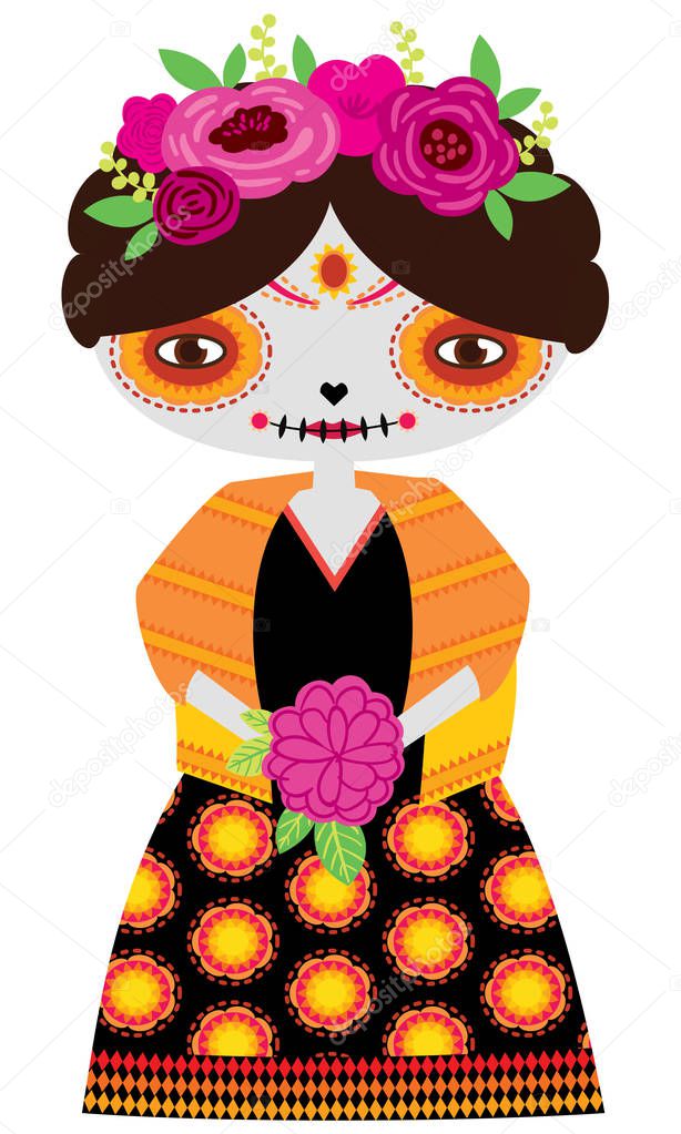Vector illustraton of catrina doll on a white background. Inspired by the day of the dead holiday in Mexico. Perfect to celebrate Halloween and use on fabrics, scrapbooking and all kinds of crafts.