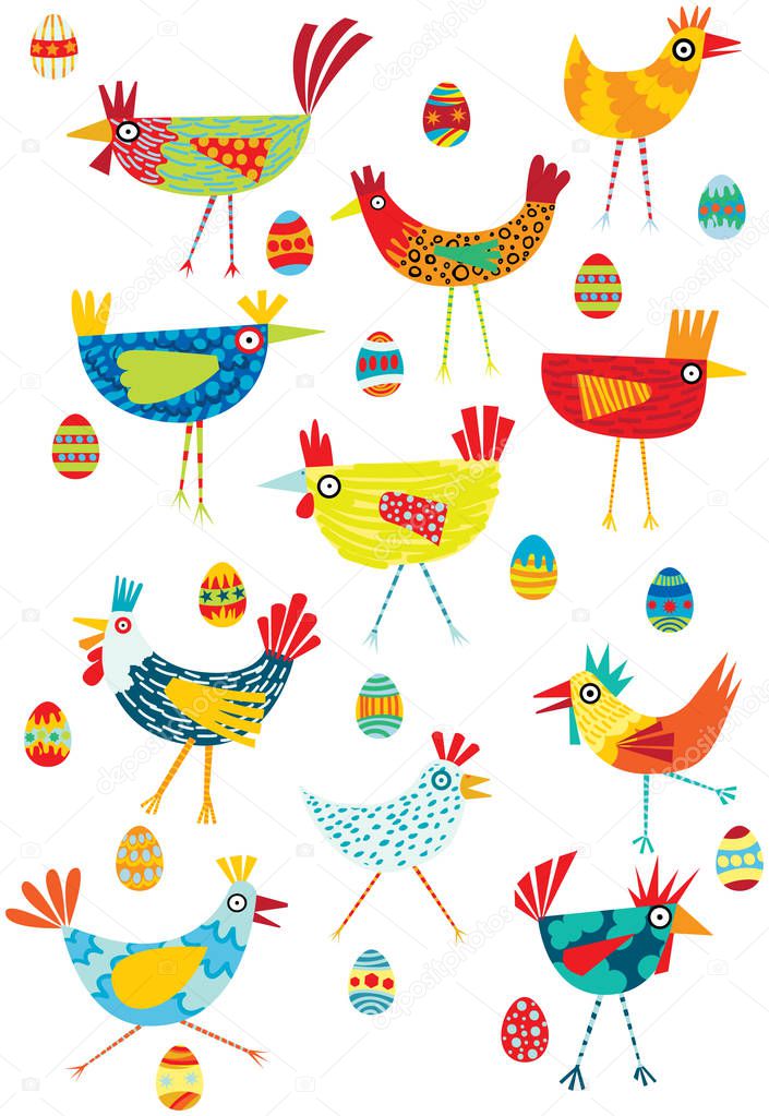 Colorful graphic illustration of chickens on a white background