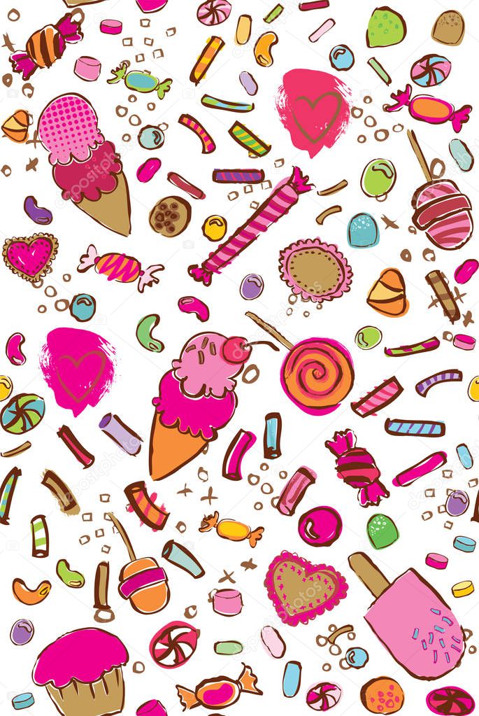 Vector colorful candies and sweets seamless pattern on white background. Perfect for fabric, quilting, scrapbook paper, wallpaper and crafts