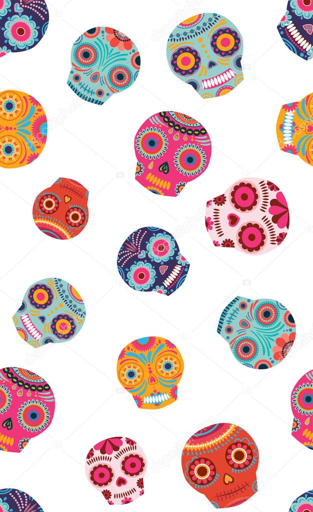 Vector happy and colorful sugar skulls seamless pattern on white background. Perfect for Halloween, fabric, quilting, scrapbookpaper, wallpaper and crafts