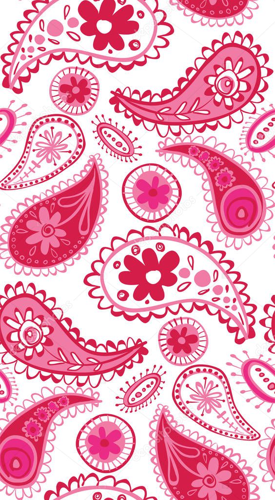 Vector decorative paisley design in reds and pinks pattern background. Use for fabrics, quilts, wallpapers, scrapbooking and crafts