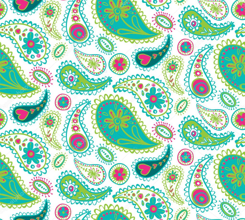 Vector decorative paisley design in greens, aquamarines and pinks pattern background. Use for fabrics, quilts, wallpapers, scrapbooking and crafts