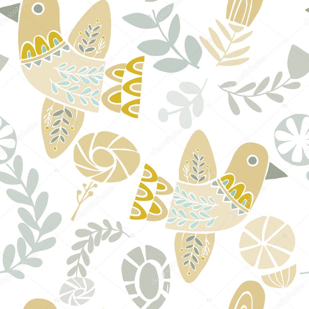 Vector pastel folkloric birds and flowers seamless pattern on a white background. Ideal for crafts, fabrics, wrapping paper, wallpaper