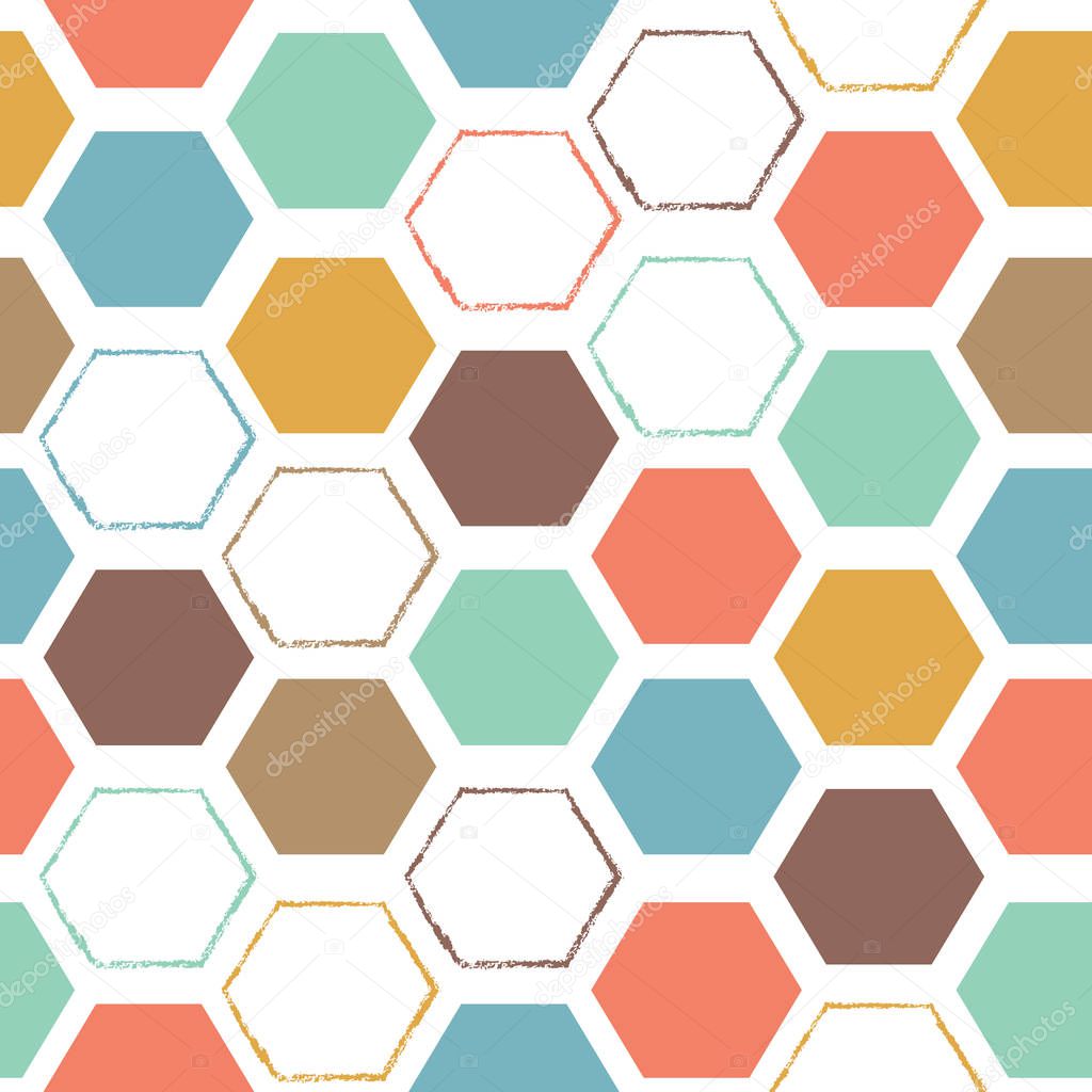 Vector abstract hexagonal colorful seamless pattern background. Ideal for fabrics, textiles, scrapbooking, wallapers and crafts.