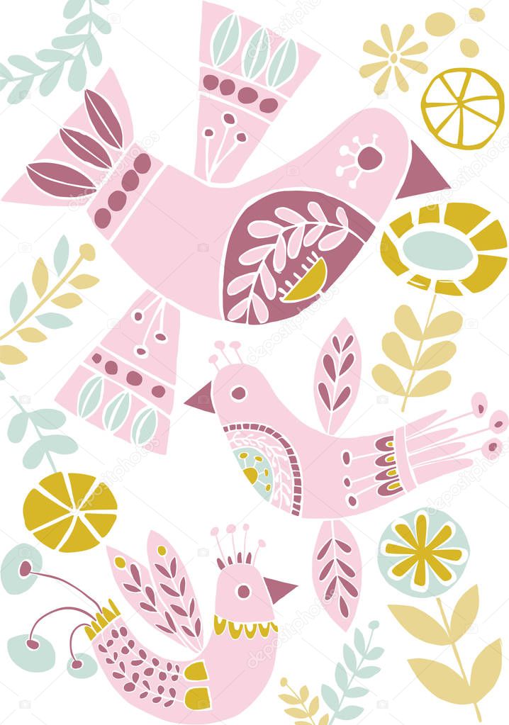 Vector pastel folk birds illustration, editable and scalable. Perfect for cards: easter, valentine, baby shower and more.