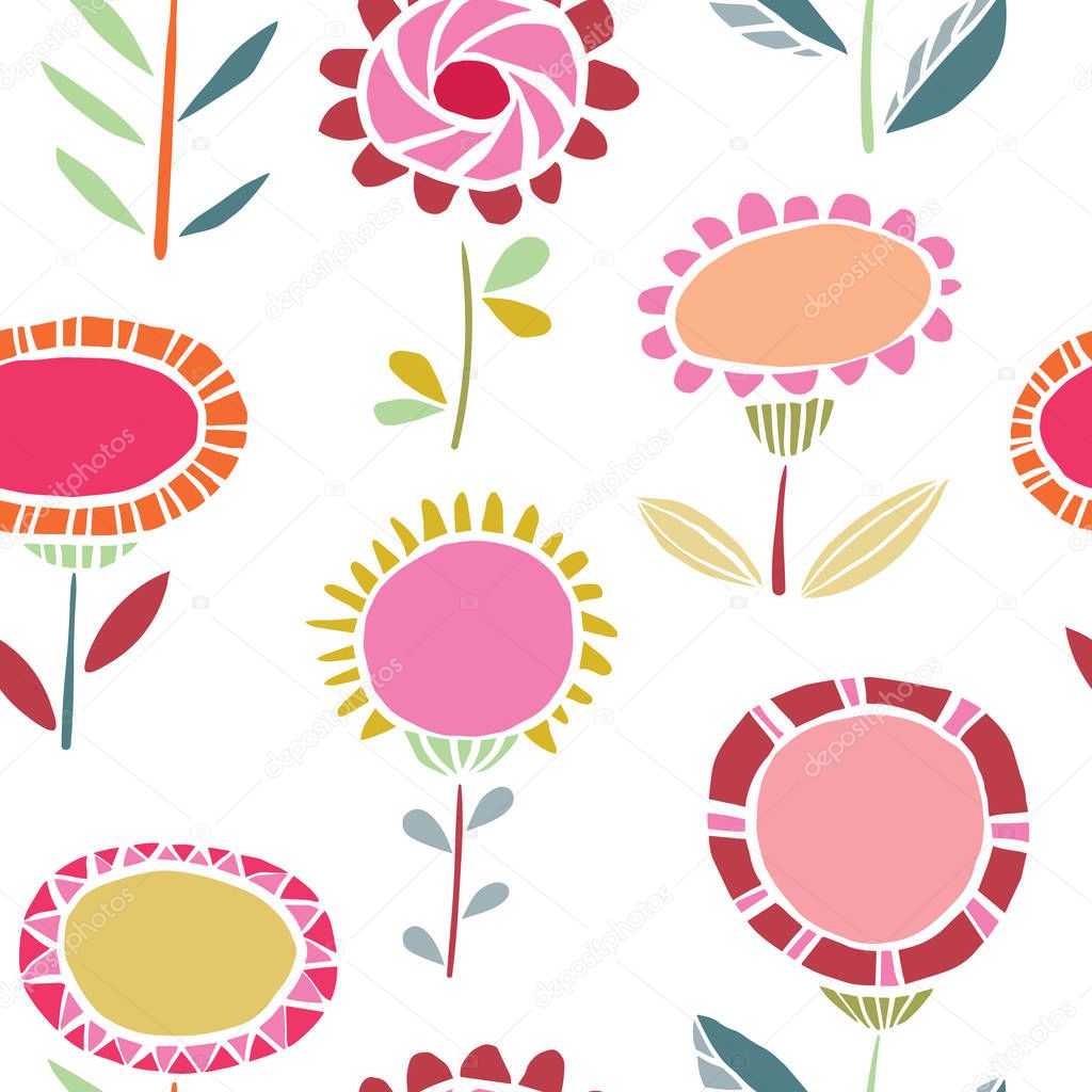 Vector vibrant folk floral seamless pattern background. Ideal for fabrics, textiles, scrapbooking, wallapers and crafts.