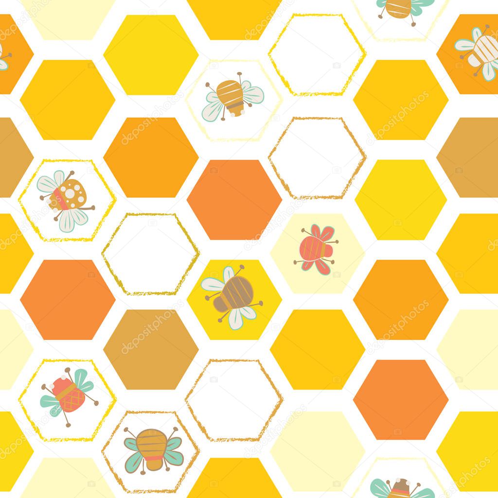 Vector yellows hexagonal tiles with bees seamless pattern background. Ideal for all kinds of crafts, wallpapers, fabrics and quilting