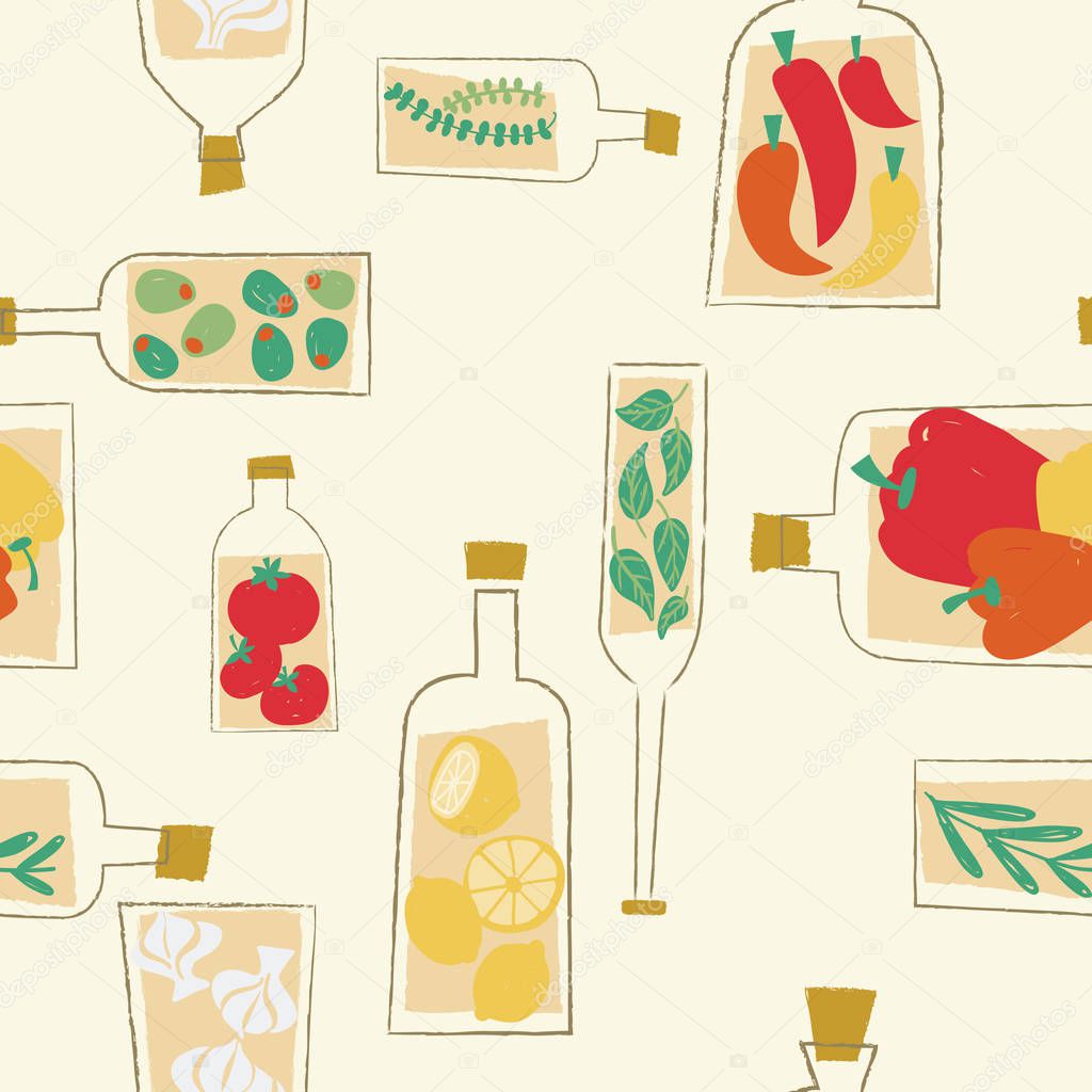 Vector decorative kitchen bottles seamless pattern background. Perfect for crafting projects, scrapbooking or fabrics.