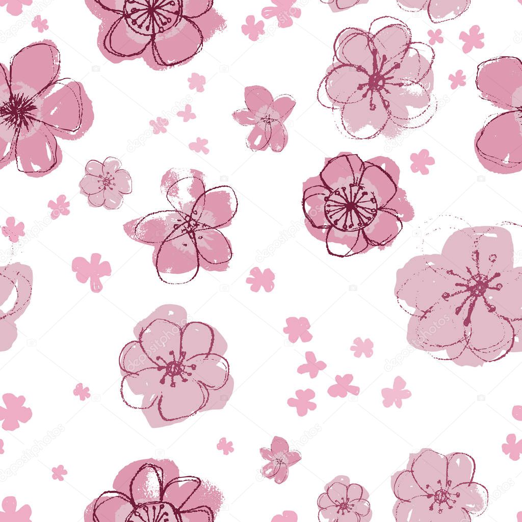 Sophisticated vector pink and magenta floral seamless pattern on white background. Summery, festive and fun. Great for backgrounds, wallpapers and textures on invitations, gift wrap and stationery.