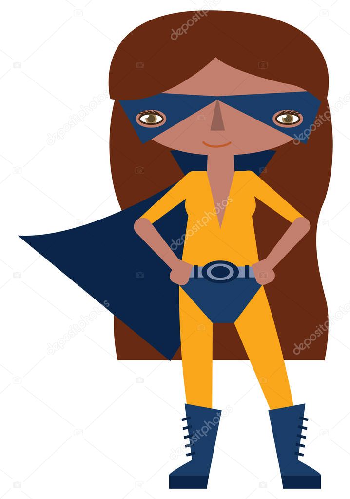 Vector blue and yellow masked and caped superheroine graphic editable illustration with super powers. Use for scrapbooking, crafting, quilting