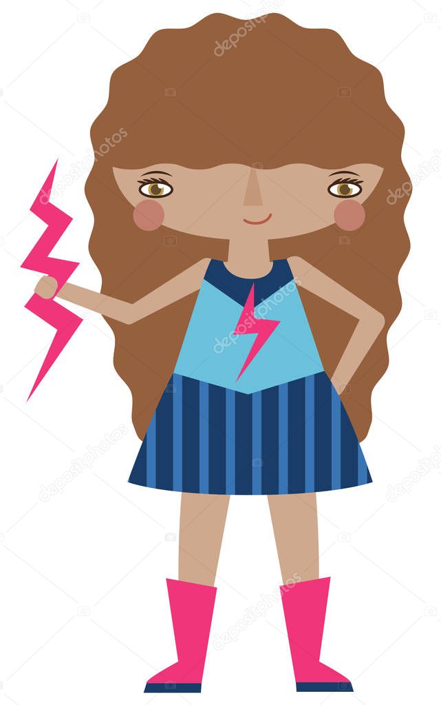 Vector pink and blue superheroine graphic editable illustration with lightning powers. Use for scrapbooking, crafting, quilting