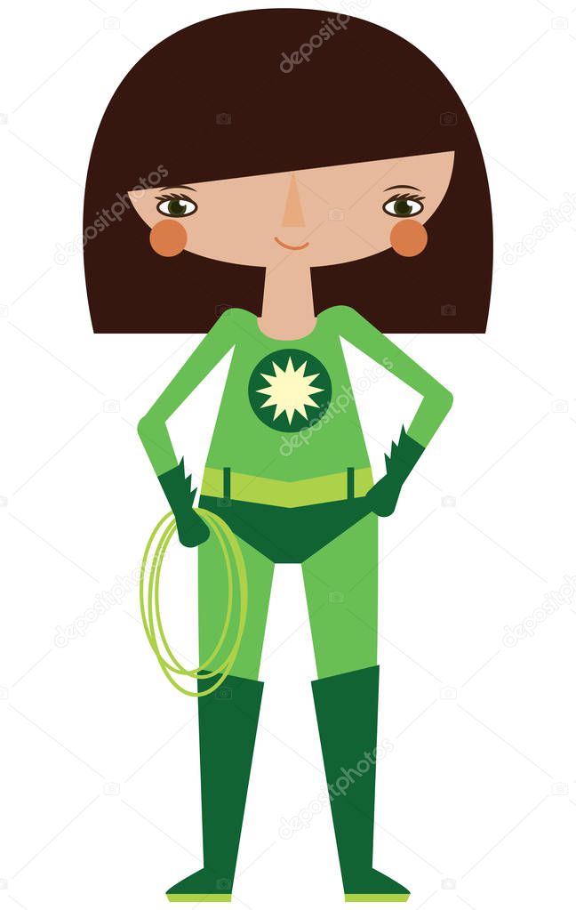 Vector green superheroine graphic editable illustration with super lasso. Use for scrapbooking, crafting, scrapbooking