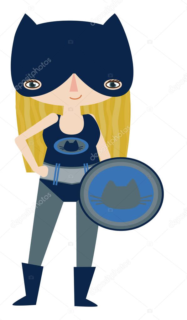 Vector dark blue and grey masked superheroine graphic editable illustration with cat super powers. Use for scrapbooking, crafting, quilting
