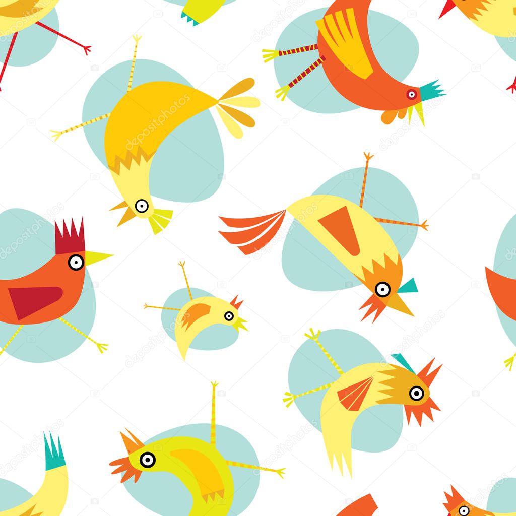Colorful seamless repeat pattern of yellow and orange chickens on a white and light blue background