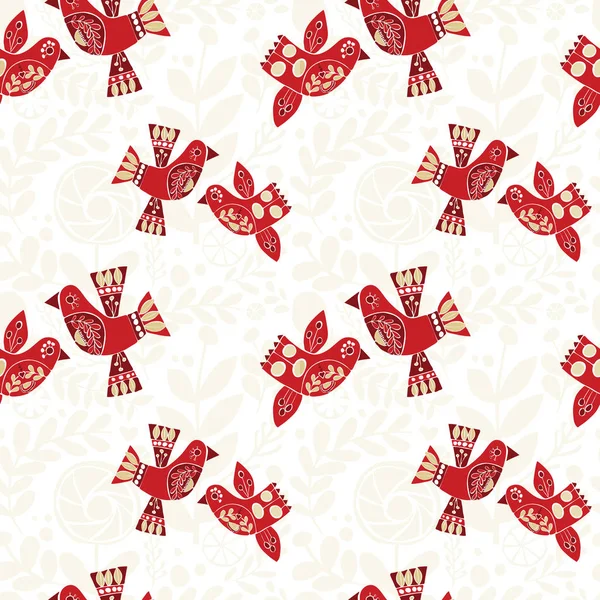 Vector christmas folk red birds seamless pattern. — Stock Vector