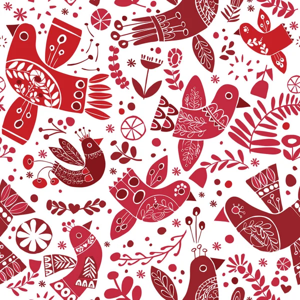 Vektor Weihnachten Folk rote Vögel nahtlose Muster. — Stockvektor