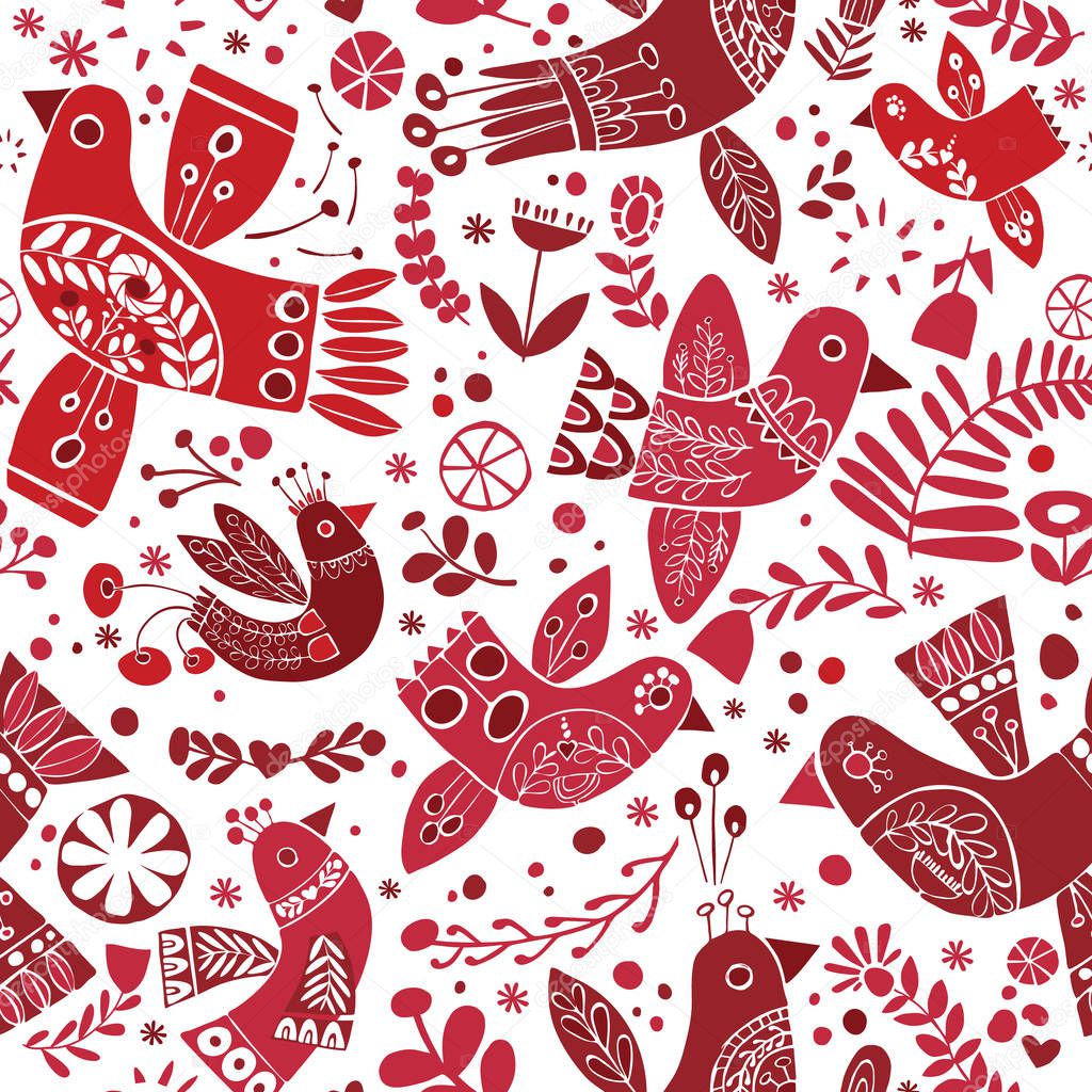 Vector christmas folk red birds seamless pattern.