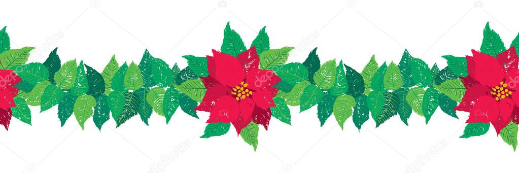 Vector Christmas seamless garland border with red Poinsettia flowers and green leaves.