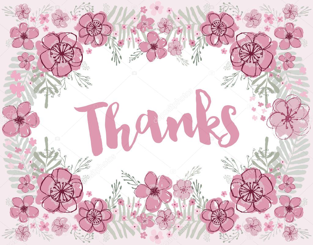 Thanks vector pink and burgundy florals with light aquamarine leaves editable flower wreath on a light pink background. 