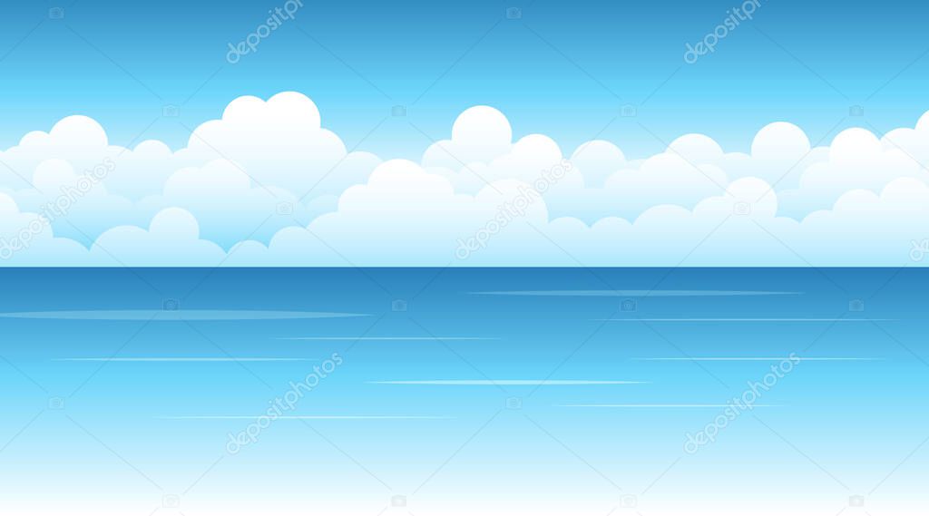 Blue sea wave with white clouds cartoon, sky background landscape vector design