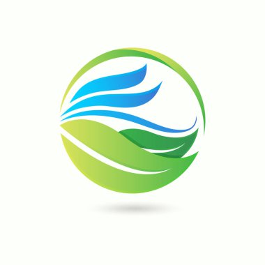 Yeşil yaprak eko sembolü logosu. Beyaz arkaplan çizimine izole edilmiş pürüzsüz okyanus dalga ikonu vektörü olan doğal organik tasarım.