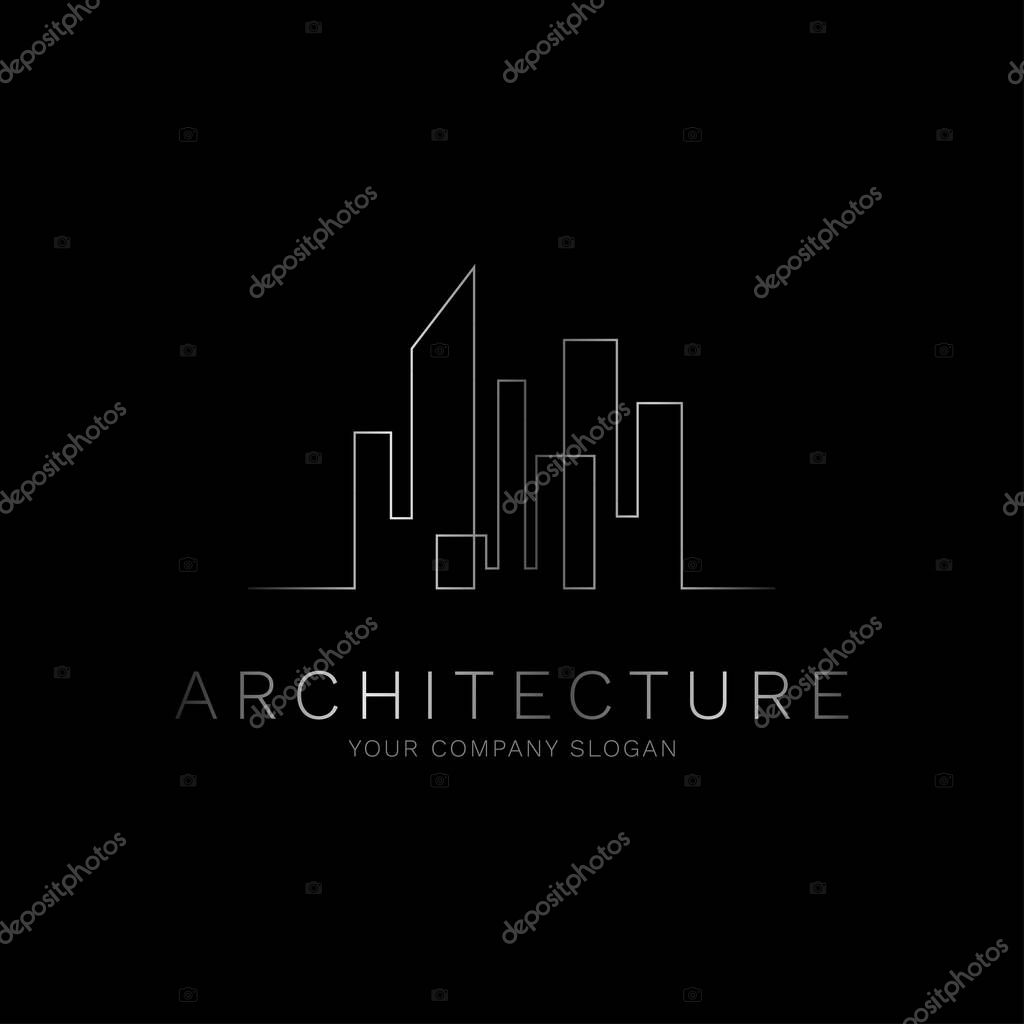Luxury minimal silver object architecture building construction real estate company logo design on black background vector illustration
